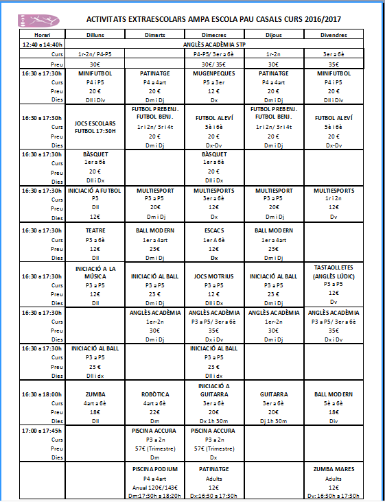 Activitats extraescolars curs 2016-17